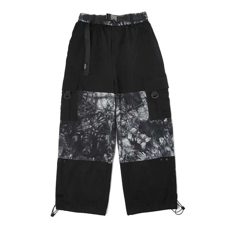 Black cotton blend cargo pants with tie dye panel design and belt, loose straight fit street fashion style