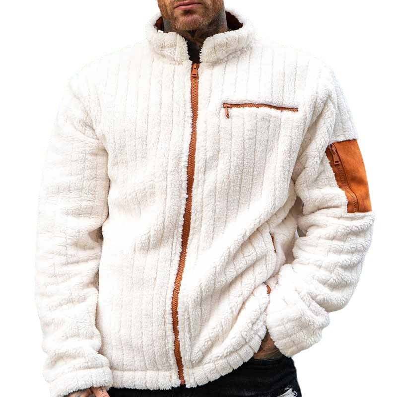 White Color Collision Plush Jacket with brown zipper and patch pockets, cotton blend fabric, regular fit, winter wear