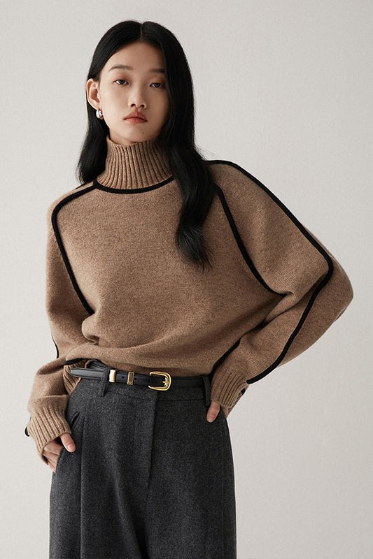 Contrast High Neck Raglan Lantern Sleeve Sweater For Women