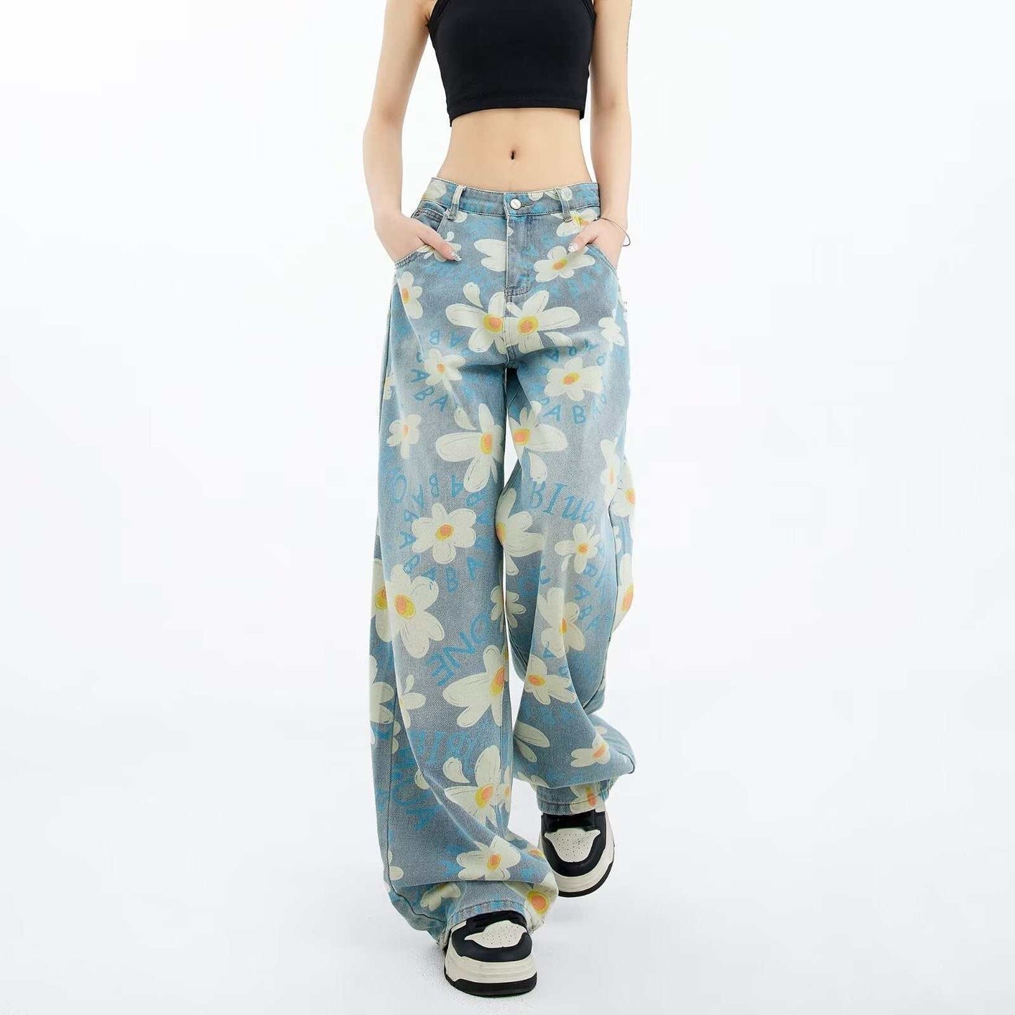 Floral Wide-leg Washed Jeans