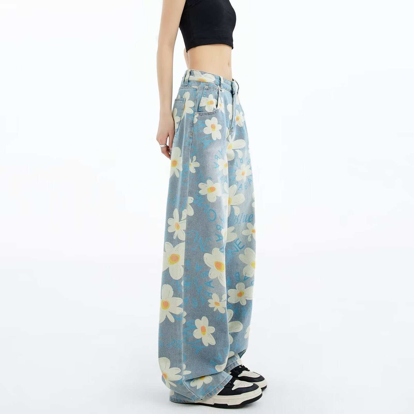 Floral Wide-leg Washed Jeans