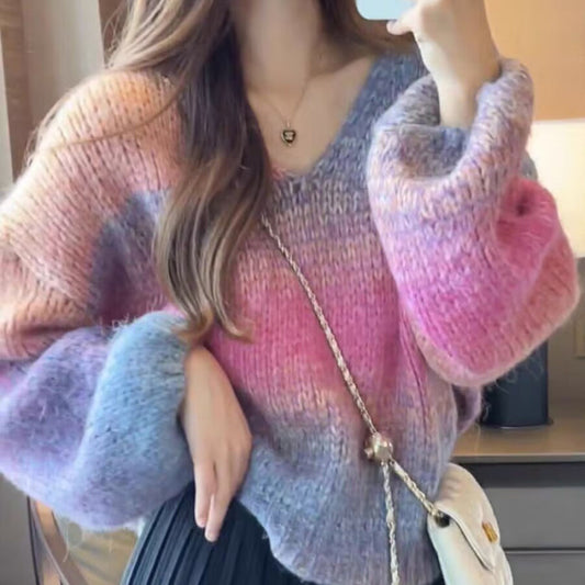 V-neck Striped Gradient Sweater