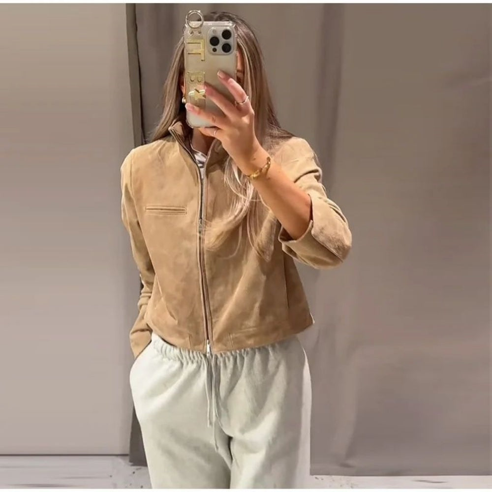 Stand Collar Zip Suede Jackets
