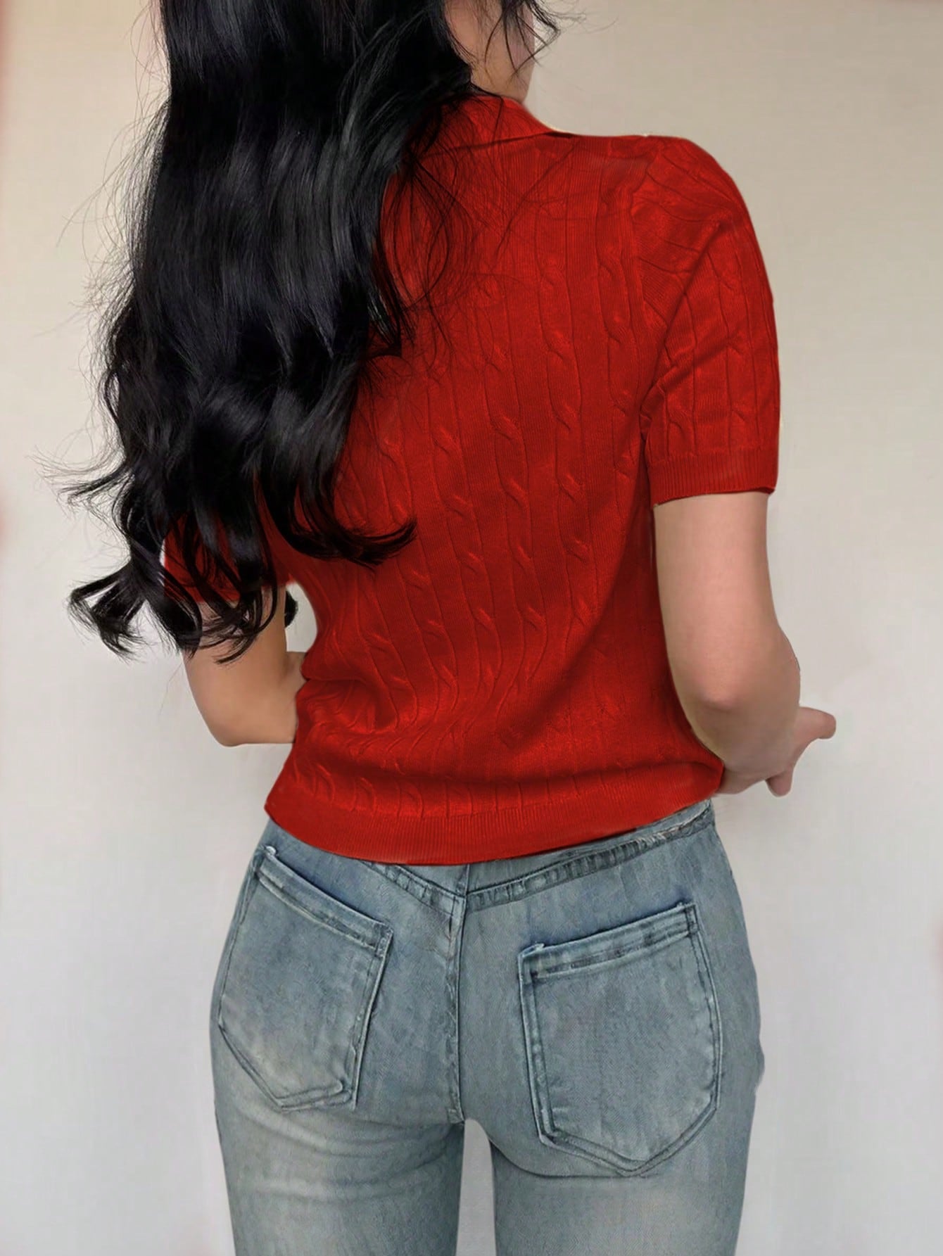 Ribbed Collared Short Sleeve Top