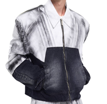 Leather Patchwork Denim Coat