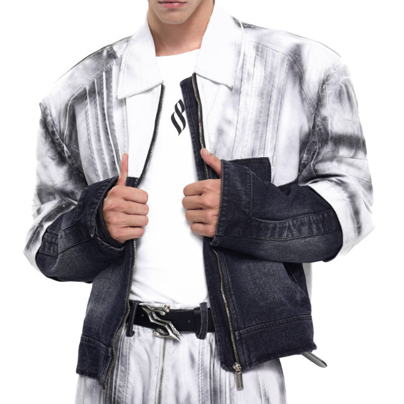 Leather Patchwork Denim Coat