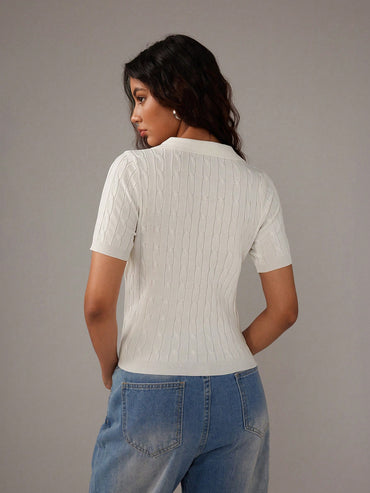 Ribbed Collared Short Sleeve Top