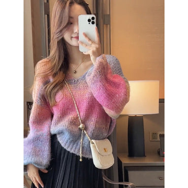 V-neck Striped Gradient Sweater