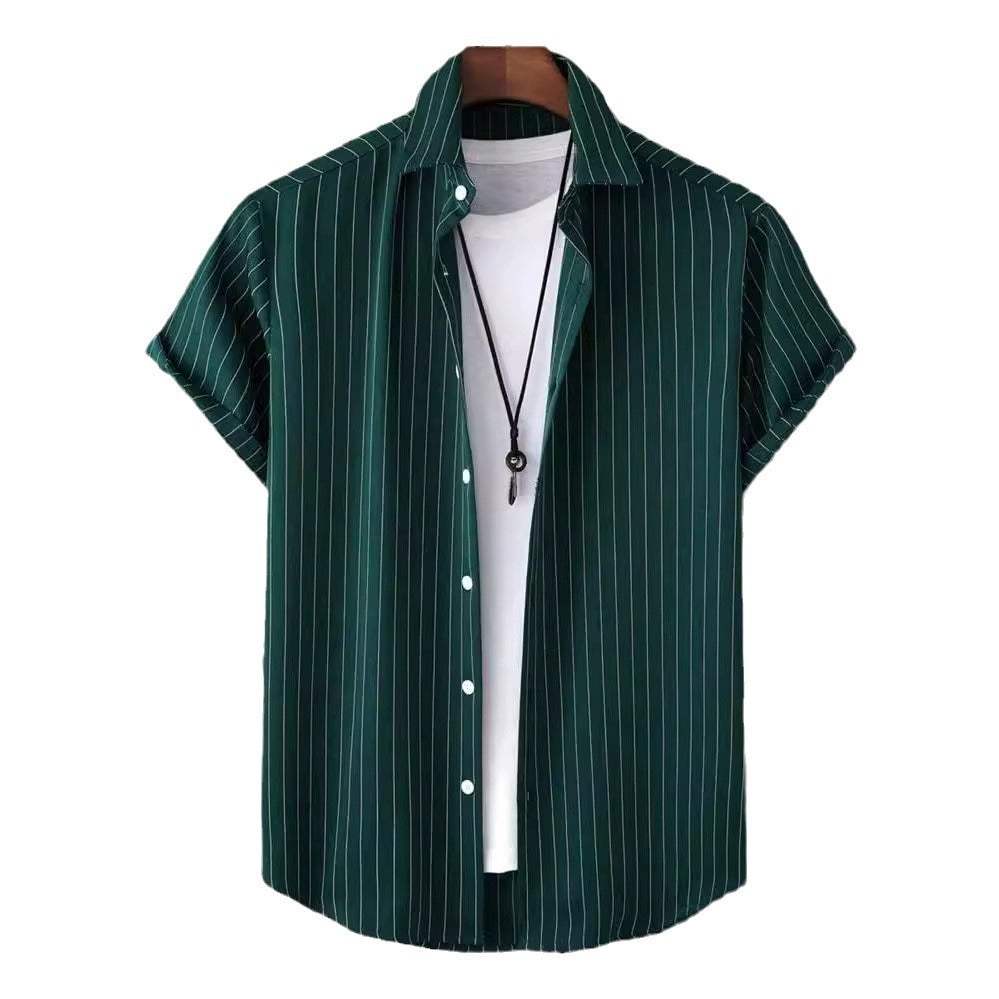 Green striped button front shirt with short sleeves on a hanger