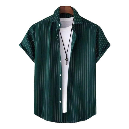 Green striped button front shirt with short sleeves on a hanger