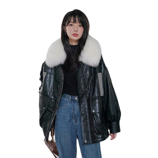 Plaid Stitching Leather Coat