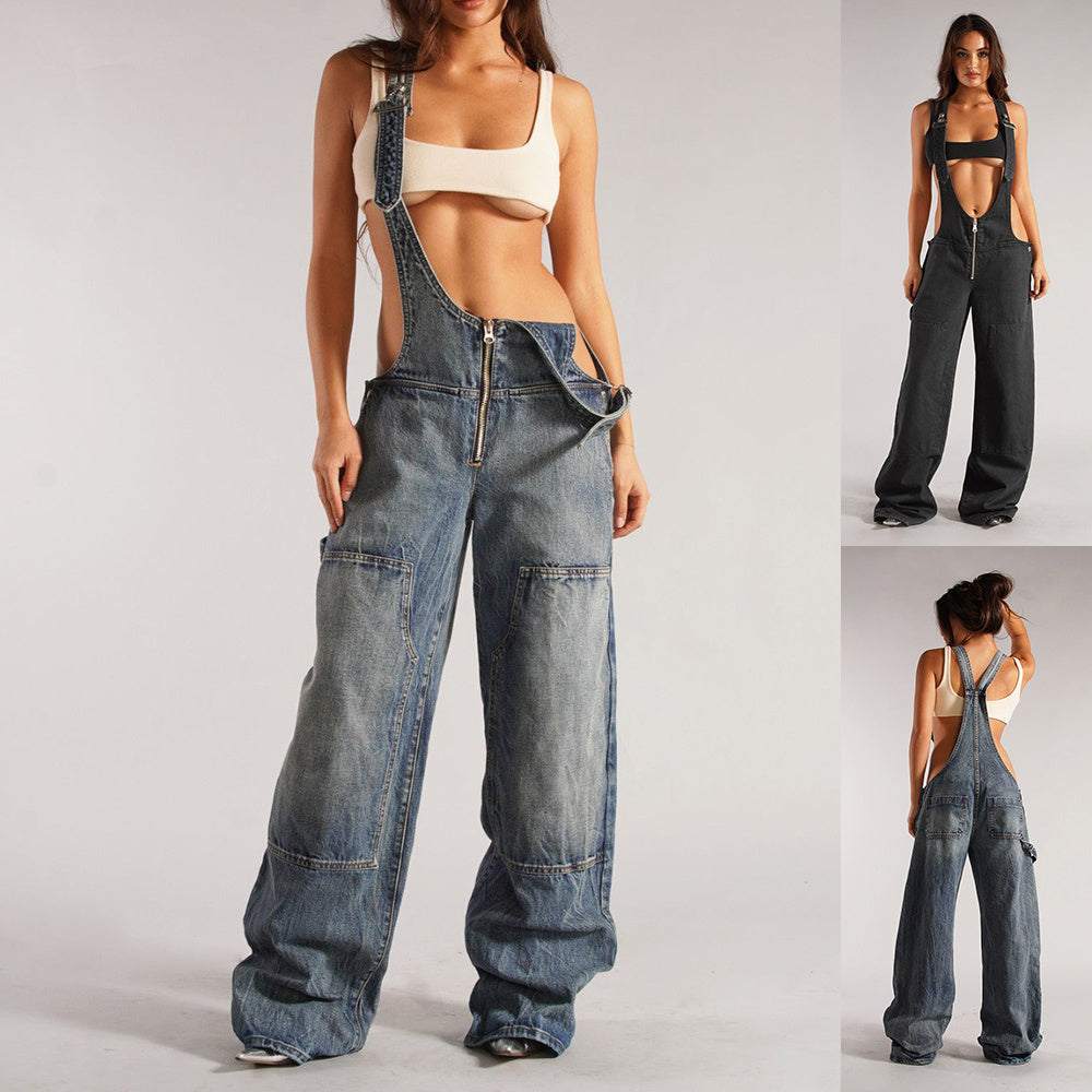 Zipper Denim Overalls