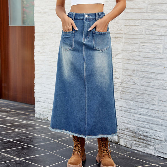 Washed Frayed Hem Denim Midi Skirt