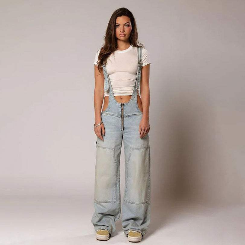 Zipper Denim Overalls