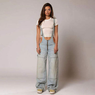 Zipper Denim Overalls
