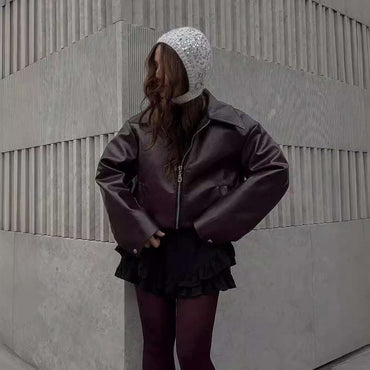 Solid Color Leather Coat