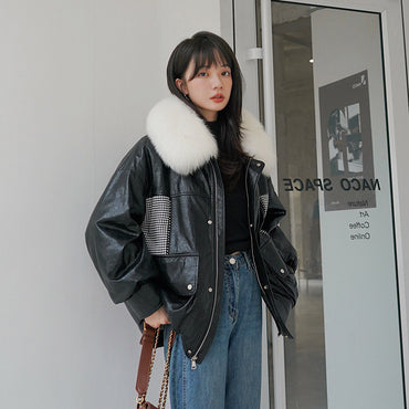 Plaid Stitching Leather Coat