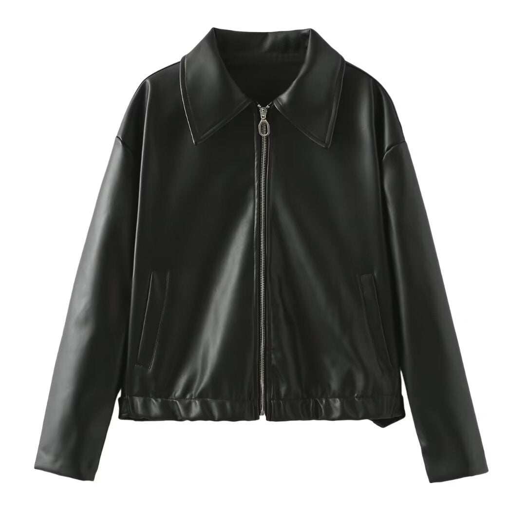Solid Color Leather Coat