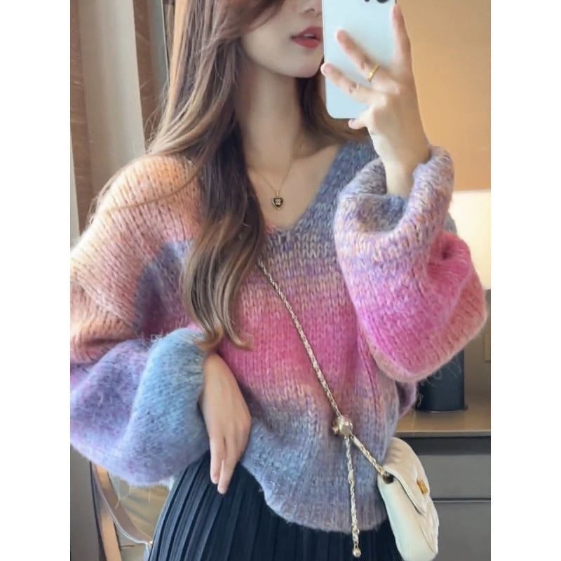 V-neck Striped Gradient Sweater