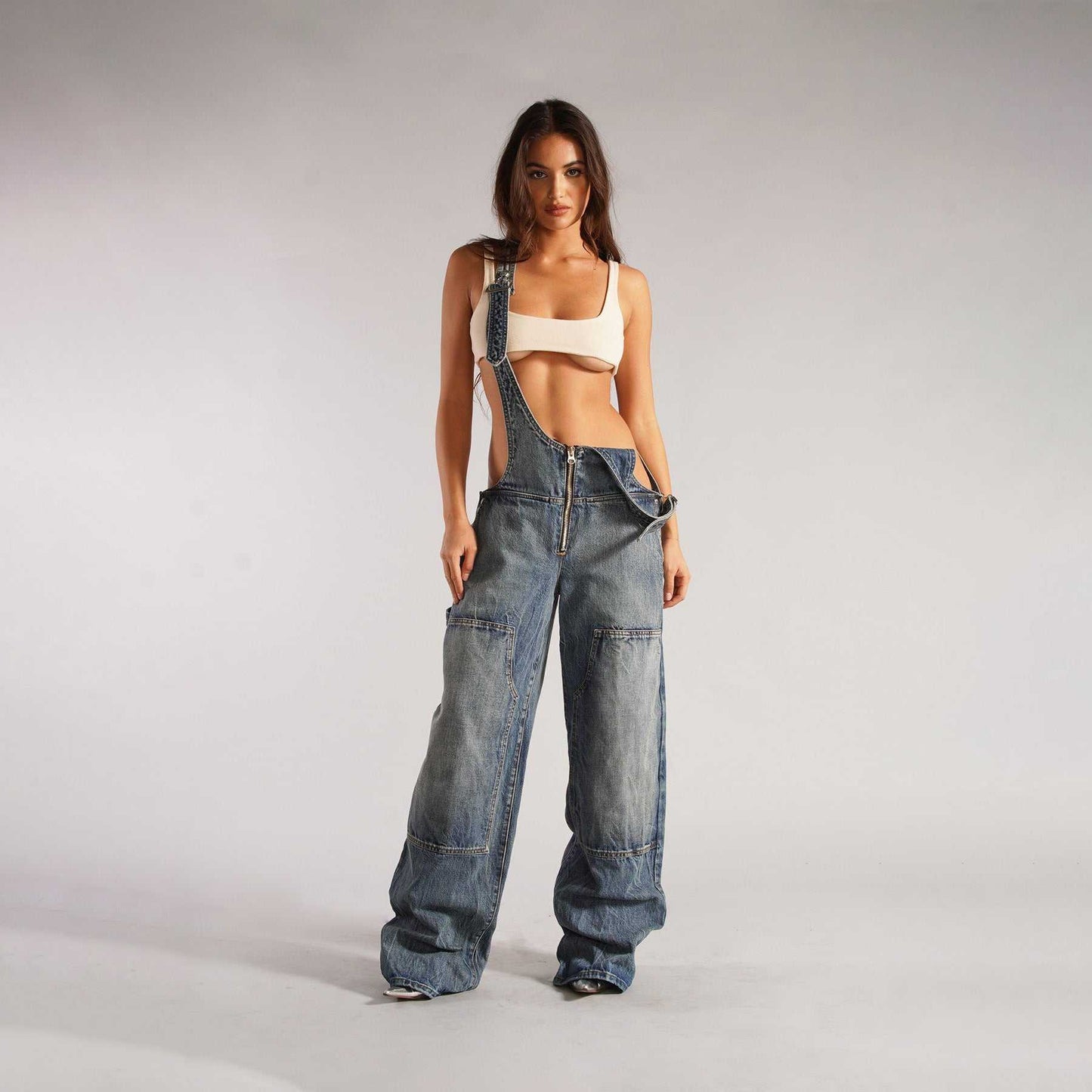 Zipper Denim Overalls