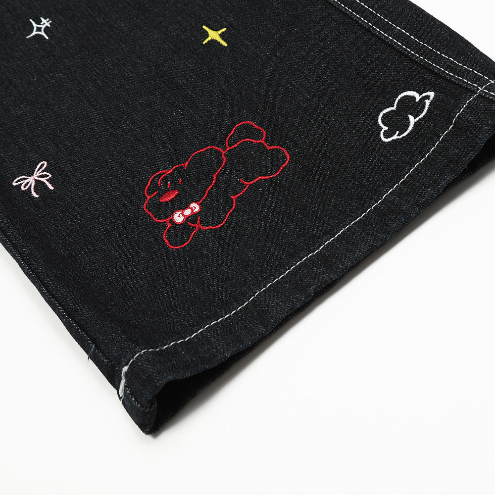 Puppy Embroidered Printed Denim