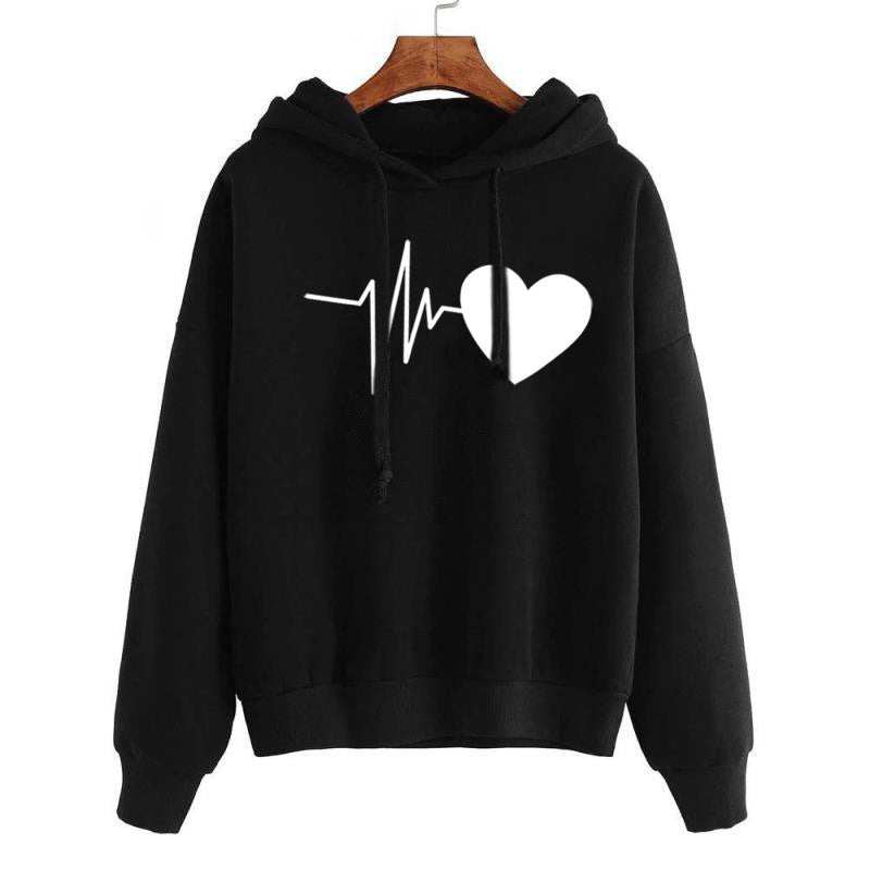 Black heart print streetwear hoodie with pullover style and drawstring hood