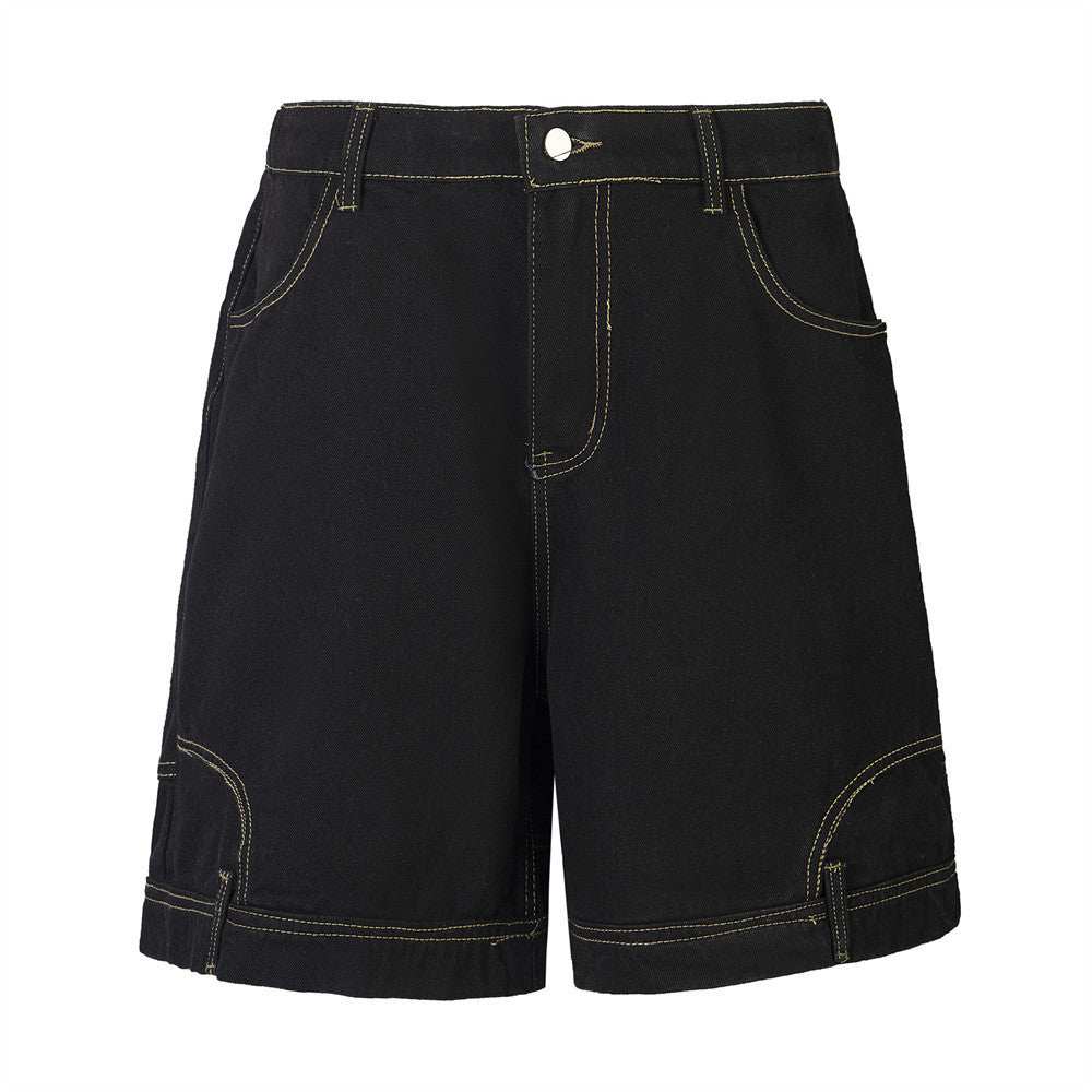 Black mid-waist inelastic cotton baggy denim shorts for men with contrast stitching and leisure style