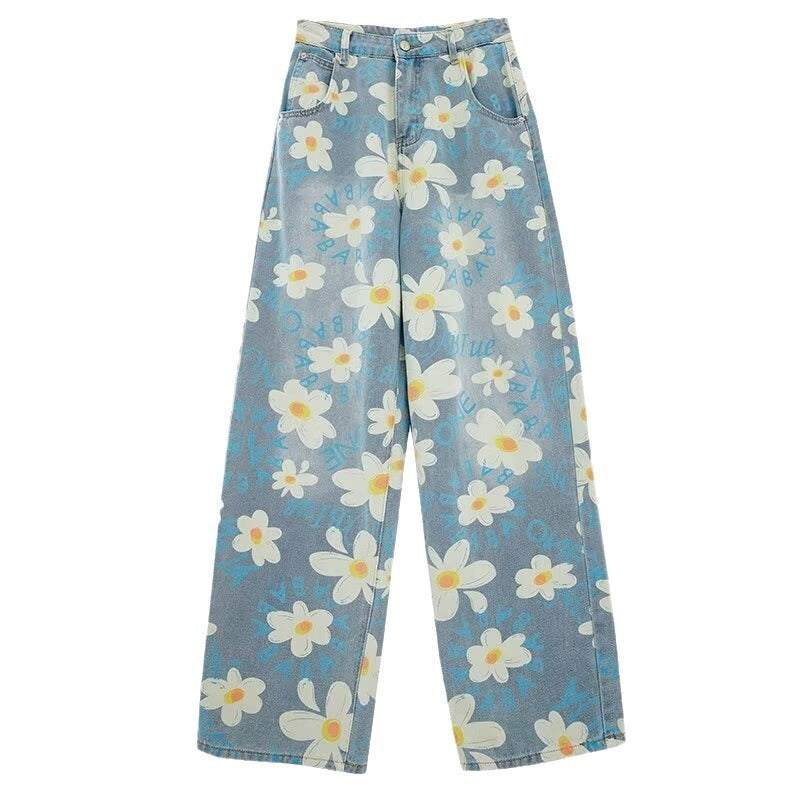 Floral Wide-leg Washed Jeans