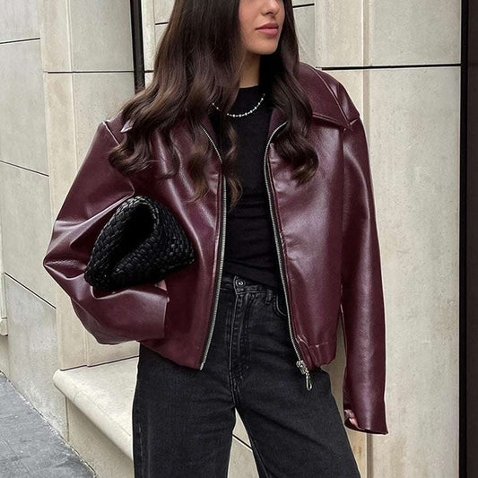 Solid Color Leather Coat
