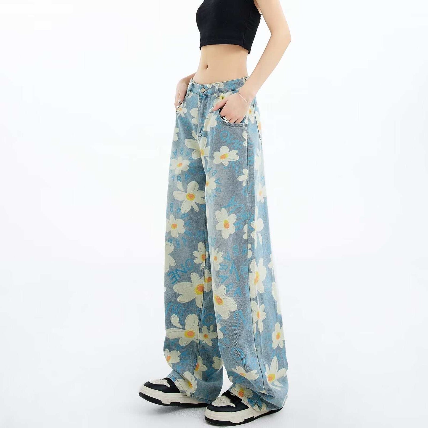 Floral Wide-leg Washed Jeans