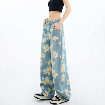 Floral Wide-Leg Washed Jeans