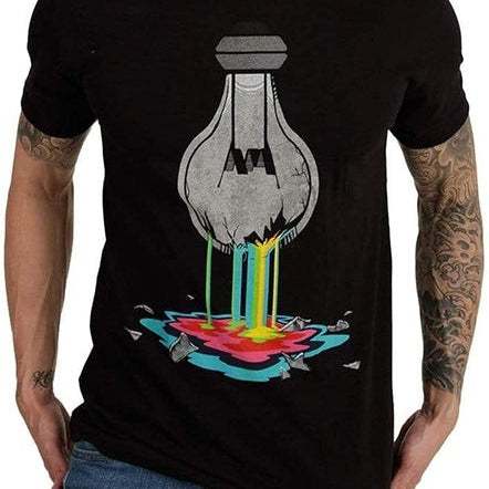 Black novelty tee with a colorful melting light bulb graphic, super slim fit, long sleeve, high collar, available in multiple sizes