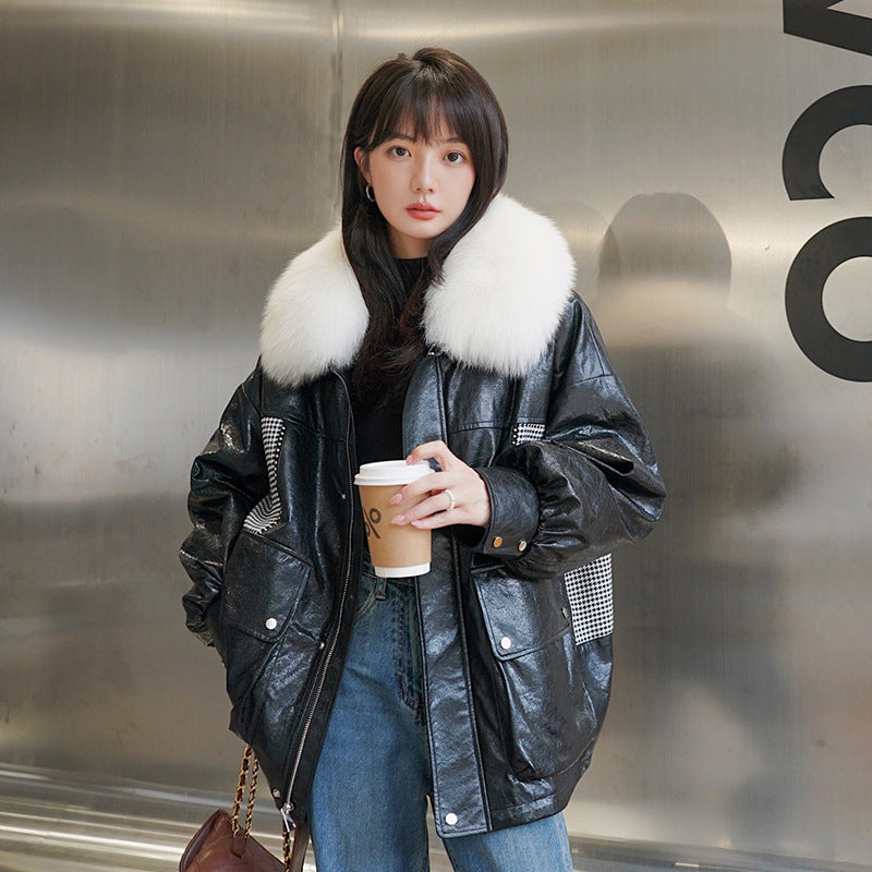 Plaid Stitching Leather Coat