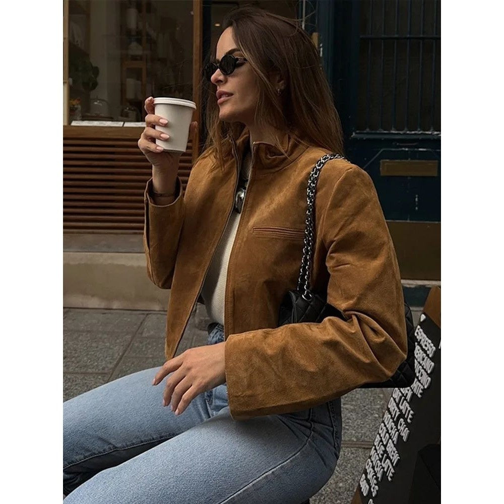Stand Collar Zip Suede Jackets