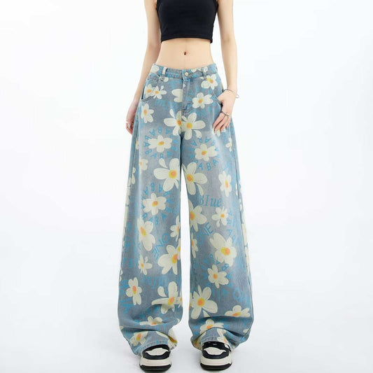 Floral wide-leg washed jeans with daisy print in blue polyester fiber, casual non-ironing style