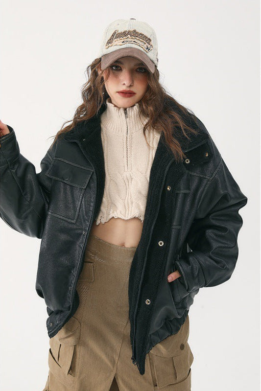 Elastic-Hem Leather Jacket