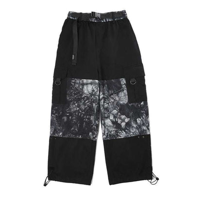 Black cotton blend cargo pants with tie dye panel design and belt, loose straight fit street fashion style