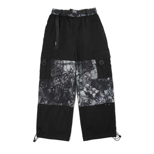 Black cotton blend cargo pants with tie dye panel design and belt, loose straight fit street fashion style