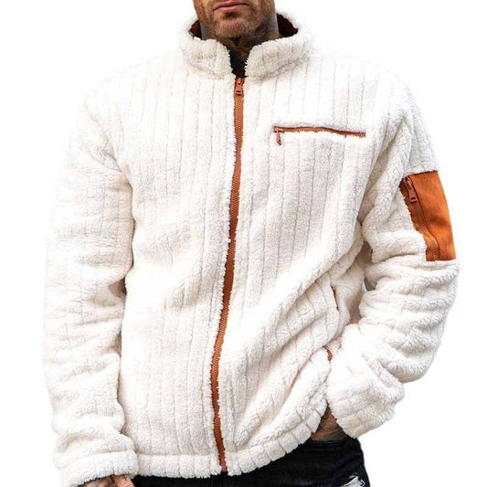 White Color Collision Plush Jacket with brown zipper and patch pockets, cotton blend fabric, regular fit, winter wear