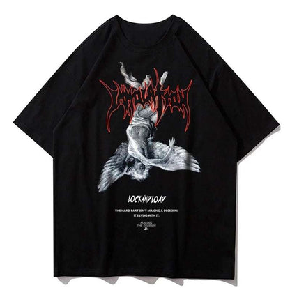 Black Fallen Angels Oversized T-Shirt with loose fit, half sleeves, cartoon pattern, and polyester fabric blend.