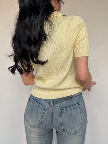 Ribbed Collared Short Sleeve Top