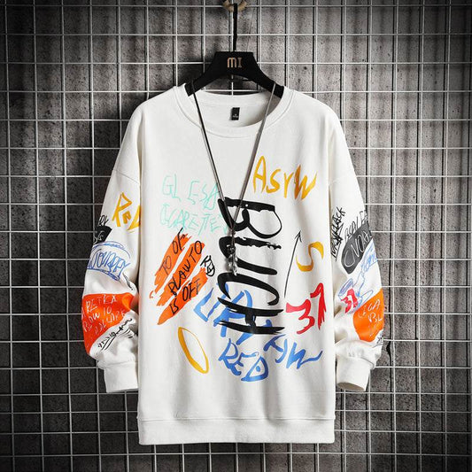 White oversized crewneck hoodie with colorful abstract graphic designs on front and sleeves, cotton blend fabric.