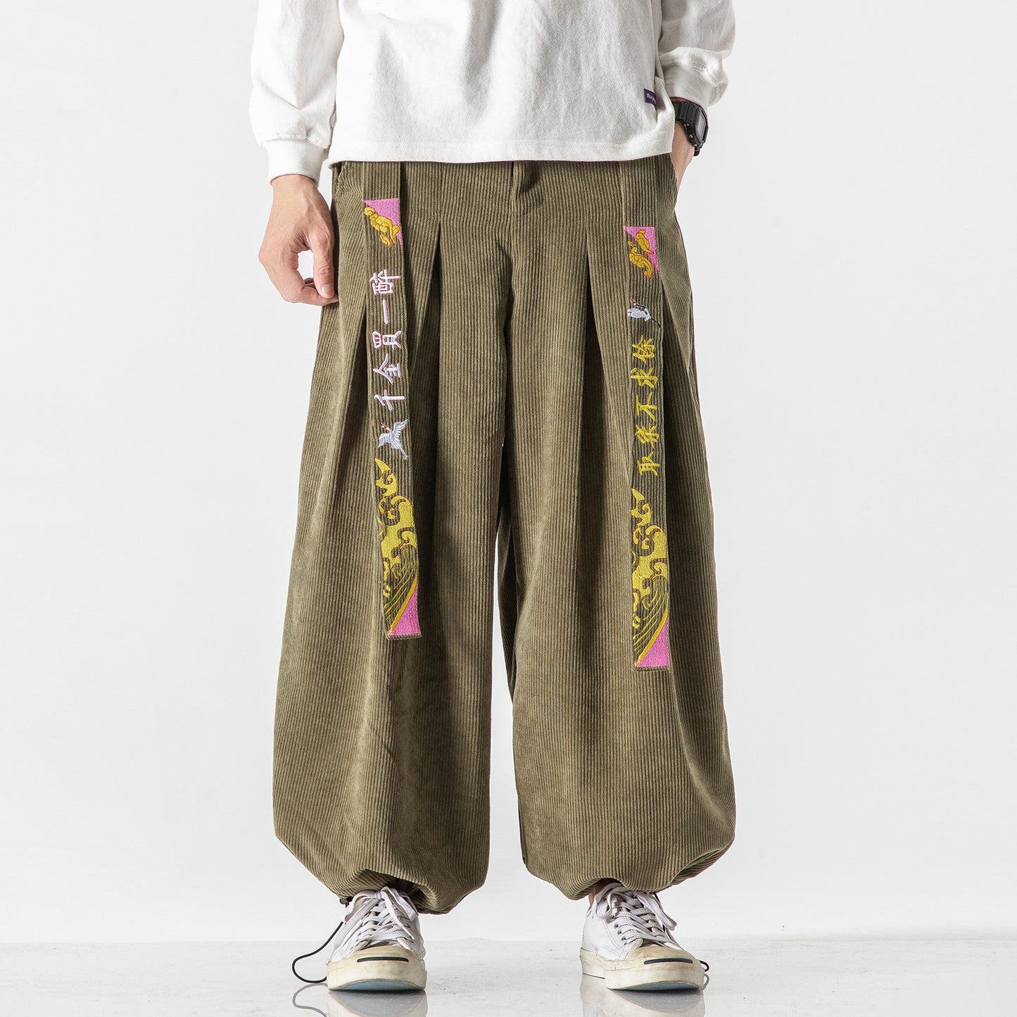 Dragon Panel Wide-Leg Corduroy Pants