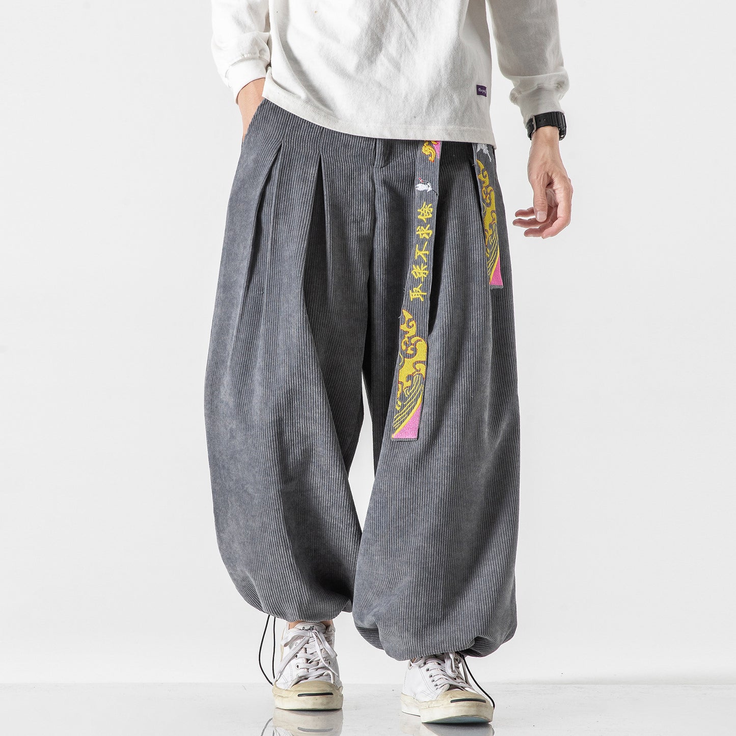 Dragon Panel Wide-Leg Corduroy Pants