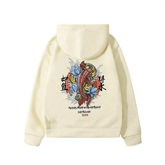 White Hoodie Ukiyoe Streetwear with koi fish print and hood, slim fit, lace placket, plus velvet, casual spring and autumn wear