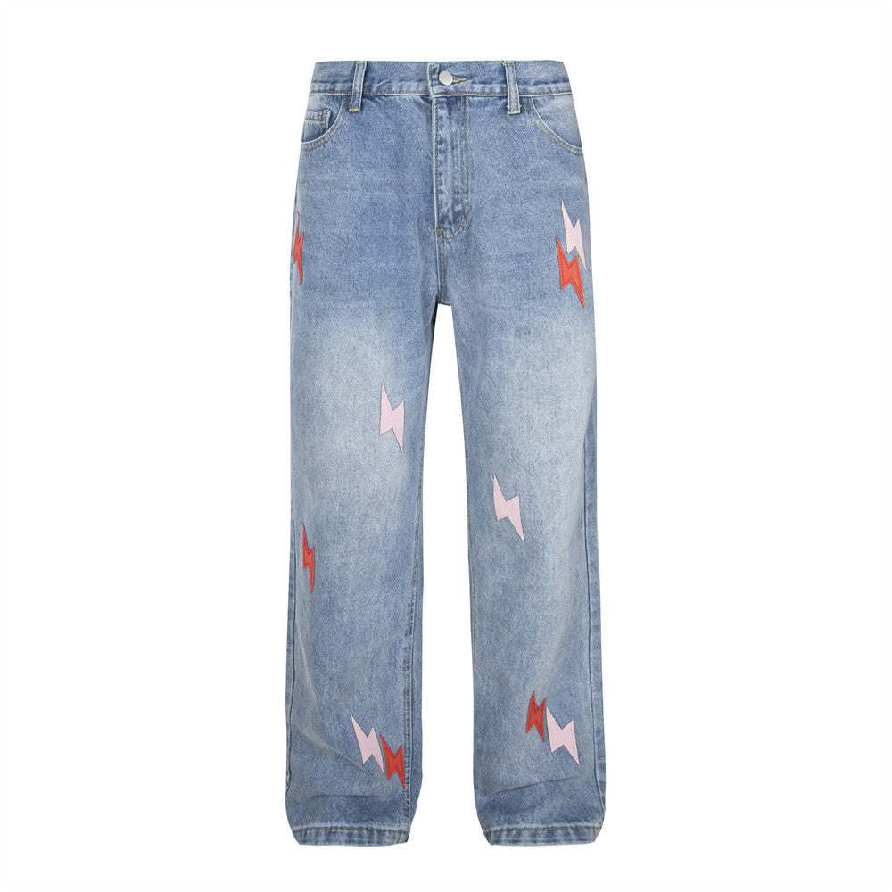 Men's embroidered denim trousers with lightning patterns in pink and red, mid-waist, inelastic cotton fabric for leisure wear