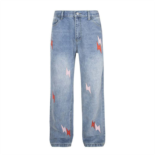 Men's embroidered denim trousers with lightning patterns in pink and red, mid-waist, inelastic cotton fabric for leisure wear