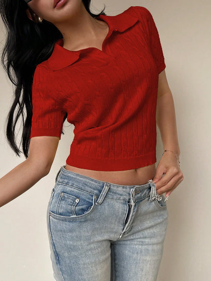 Ribbed Collared Short Sleeve Top