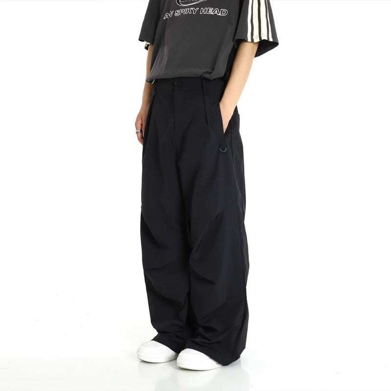 Men's black workwear casual pants loose fit mid waist straight leg polyester fiber summer clothing