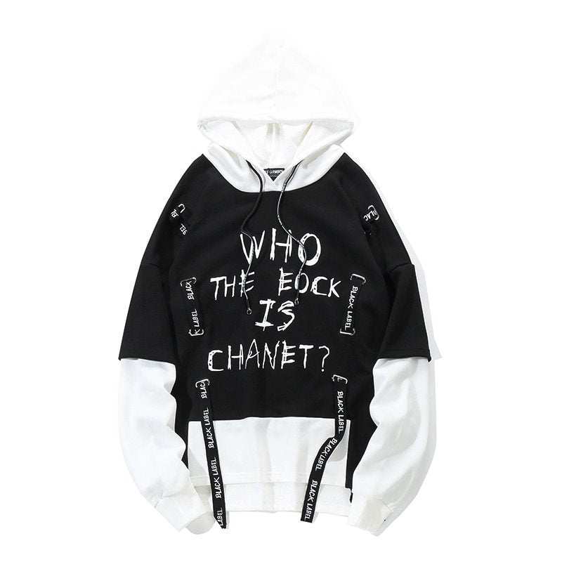 Hip-hop oversize hoodie with black and white cotton fabric and bold graffiti design, featuring a round neck and relaxed fit for streetwear style.